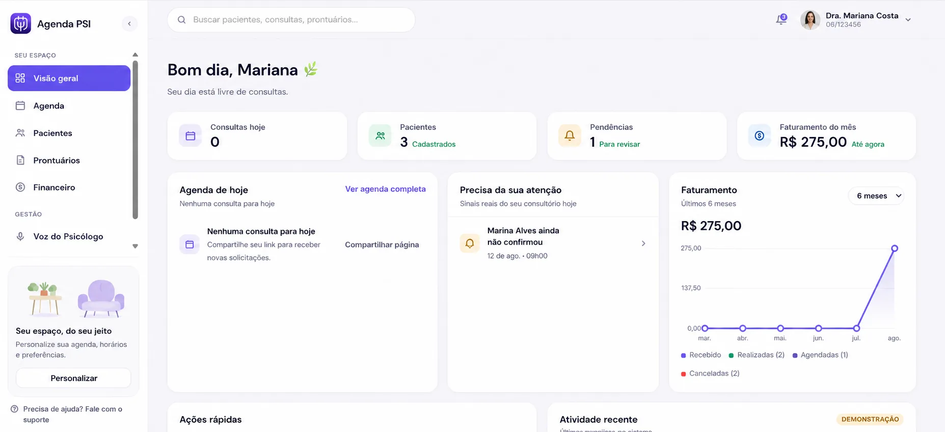 Dashboard do sistema Agenda PSI com agenda, pacientes e faturamento