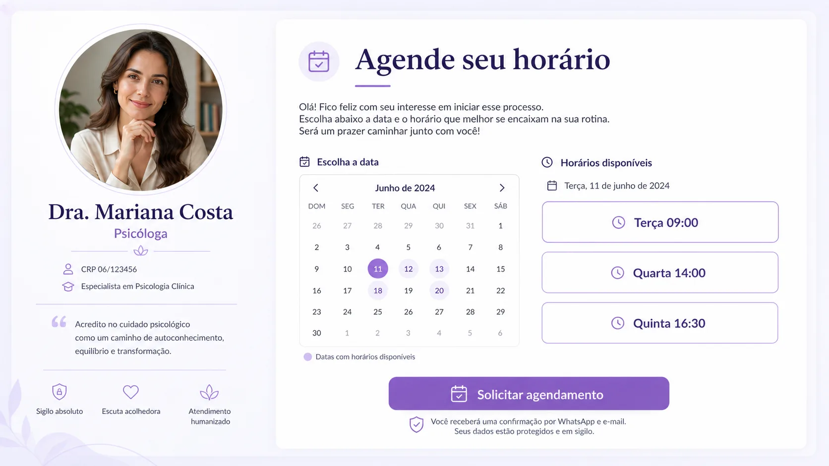 Página pública demonstrativa com perfil profissional e horários disponíveis para agendamento