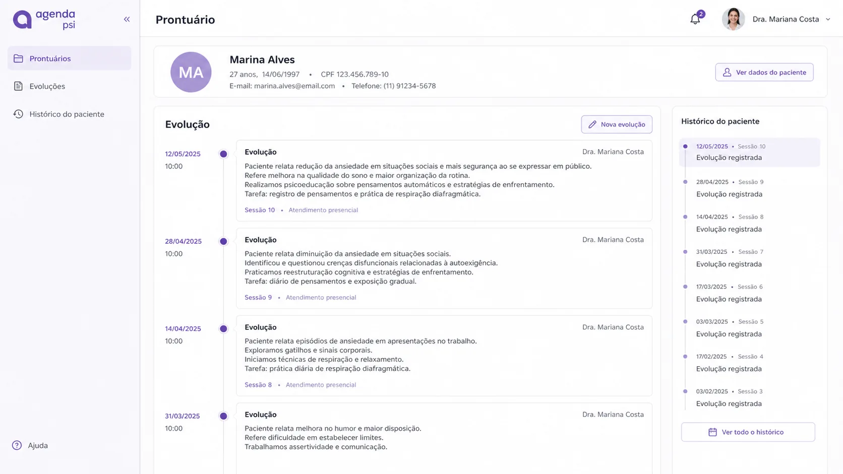 Visão demonstrativa do prontuário do Agenda PSI com dados fictícios